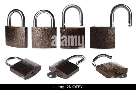 Set with metal padlocks on white background Stock Photo