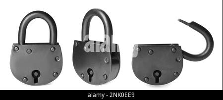 Set with metal padlocks on white background. Banner design Stock Photo