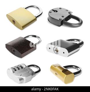 Set with different metal padlocks on white background Stock Photo