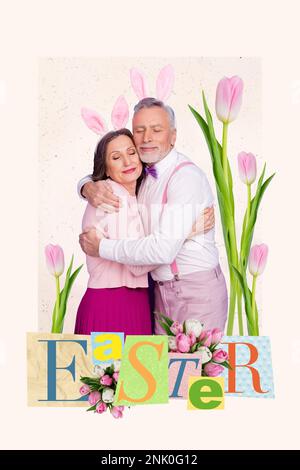 Creative image postcard collage of two people wife husband celebrate family easter gathering cuddling Stock Photo
