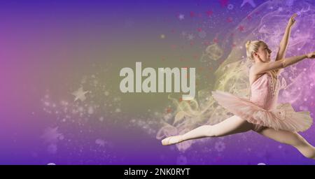 Composition of female ballet dancer in pink tutu with copy space on purple background. ballet, dance and fitness concept digitally generated image. Stock Photo