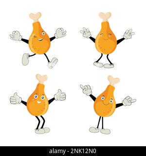 Fried chicken leg cartoon character. Roast chicken leg mascot. Vector illustration of a fried chicken icon. Whole roast chicken. Leg poultry vector em Stock Vector