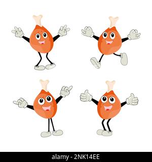 Fried chicken leg cartoon character. Roast chicken leg mascot. Vector illustration of a fried chicken icon. Whole roast chicken. Leg poultry vector em Stock Vector