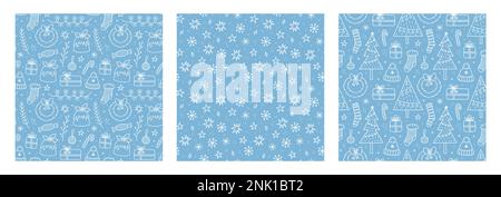 Set of cute xmas seamless patterns with doodles on blue background. Christmas trees, stockings, gifts, candy cane and other. Vector hand-drawn illustration. Perfect for wrapping paper, decorations. Stock Vector