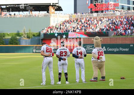 ATLANTA, GA - JUNE 08: Michael Harris II #23 of the Atlanta Braves looks on  during the