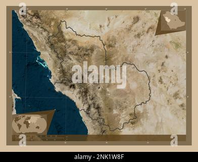 Al Madinah al Munawwarah, region of Saudi Arabia. Low resolution satellite map. Corner auxiliary location maps Stock Photo