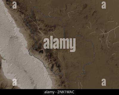 Al Madinah al Munawwarah, region of Saudi Arabia. Elevation map colored in sepia tones with lakes and rivers Stock Photo