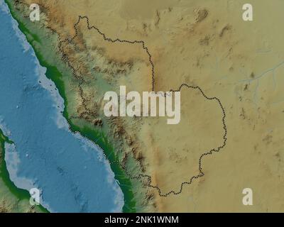 Al Madinah al Munawwarah, region of Saudi Arabia. Colored elevation map with lakes and rivers Stock Photo