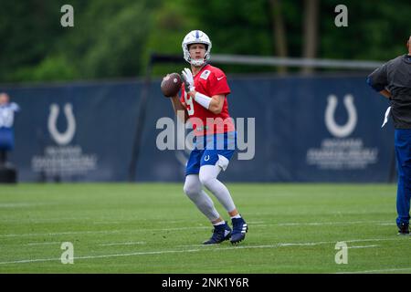 INDIANAPOLIS, IN - MAY 25:Indianapolis Colts tackle Bernhard Raimann (79)  runs through a drill during the Indianapolis Colts OTA offseason workouts  on May 25, 2022 at the Indiana Farm Bureau Football Center