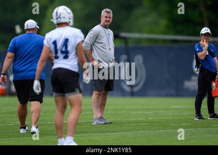 INDIANAPOLIS, IN - MAY 25:Indianapolis Colts tackle Bernhard Raimann (79)  runs through a drill during the Indianapolis Colts OTA offseason workouts  on May 25, 2022 at the Indiana Farm Bureau Football Center