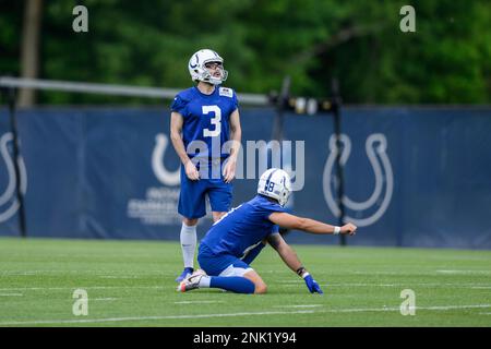 INDIANAPOLIS, IN - MAY 25:Indianapolis Colts tackle Bernhard Raimann (79)  runs through a drill during the Indianapolis Colts OTA offseason workouts  on May 25, 2022 at the Indiana Farm Bureau Football Center