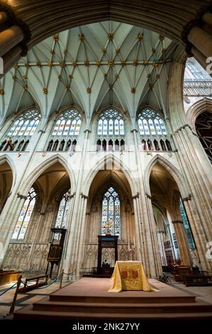 York Minster blind arches and rose style tracery windows in York, England. Stock Photo
