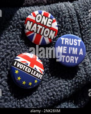 Badges on a Tory voter jacket, will Conservative voters support and trust the Tories at the next general election, even the One Nation fans Stock Photo