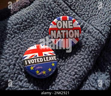 Badges on a Tory voter jacket - Leavers and One nation Conservatives, will they turn out to support them again ? Stock Photo