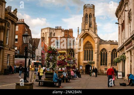 St. Helen's Church lantern tower and pointed arch windows with tracery in St. Helen's Square,York, England. Stock Photo