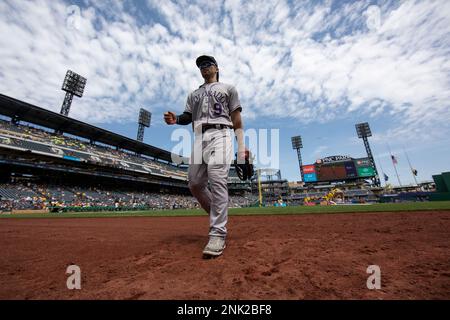 Pittsburgh Pirates' Connor Joe walks in the dugout during a baseball game  against the Seattle Mariners, Friday, May 26, 2023, in Seattle. (AP  Photo/Lindsey Wasson Stock Photo - Alamy