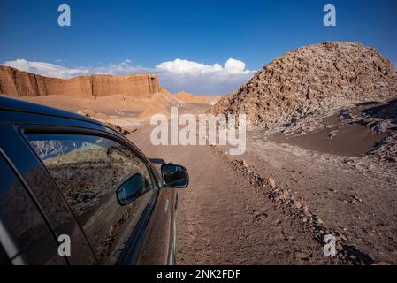 Driving through Moon Valley, Atacama Desert, Chile. Stock Photo