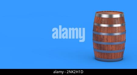 Wooden Oak Barrel on a blue background. 3d Rendering Stock Photo
