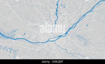 River Loire map, Nantes city, France. Watercourse, water flow, blue on grey background road map. Vector illustration, detailed silhouette. Stock Vector