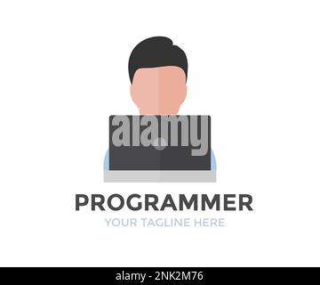 Male programmer with laptop  logo design. Person Profile, Avatar Symbol, Male people icon. Male professional programmer vector design and illustration Stock Vector