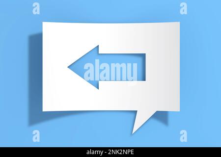 Arrow Left Icon on Cutout White Paper Speech Bubble on blue background. 3d Rendering Stock Photo