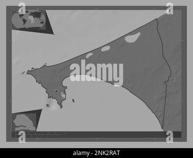 Dakar, region of Senegal. Bilevel elevation map with lakes and rivers. Locations of major cities of the region. Corner auxiliary location maps Stock Photo