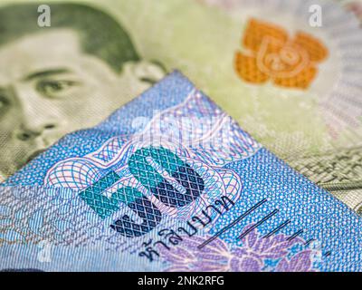 Macro detail with a 50 Thai Baht banknote. the baht is the official currency of Thailand Stock Photo