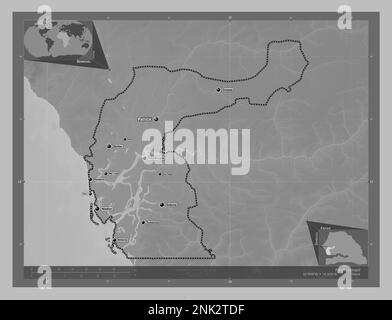 Fatick, region of Senegal. Grayscale elevation map with lakes and ...
