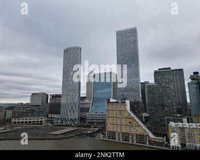 Riverside appartments Canary wharf London UK drone aerial view Stock Photo