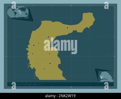 Fatick, region of Senegal. Solid color shape. Locations of major cities of the region. Corner auxiliary location maps Stock Photo