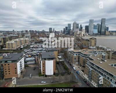 Limehouse basin East London Canary  Wharf skyscrapers in backgound  Drone, Aerial, view from air, birds eye view, Stock Photo