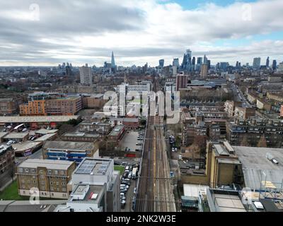 Docklands light railway East London UK drone aerial view Stock Photo
