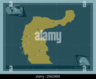 Fatick, region of Senegal. Solid color shape. Locations and names of major cities of the region. Corner auxiliary location maps Stock Photo