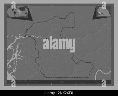 Kaolack, region of Senegal. Bilevel elevation map with lakes and rivers. Corner auxiliary location maps Stock Photo