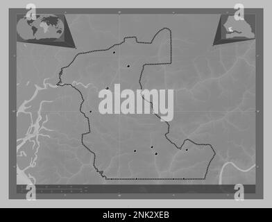 Kaolack, region of Senegal. Grayscale elevation map with lakes and rivers. Locations of major cities of the region. Corner auxiliary location maps Stock Photo