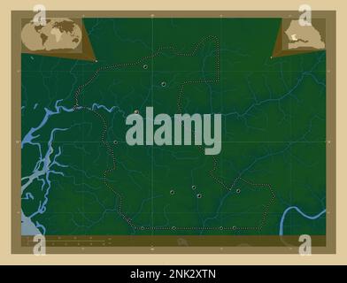 Kaolack, region of Senegal. Colored elevation map with lakes and rivers. Locations of major cities of the region. Corner auxiliary location maps Stock Photo