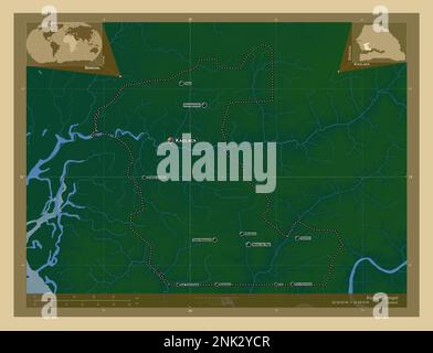 Kaolack, region of Senegal. Colored elevation map with lakes and rivers. Locations and names of major cities of the region. Corner auxiliary location Stock Photo
