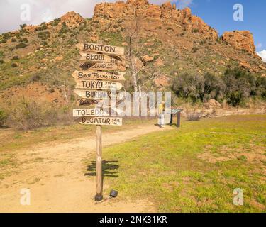 February 22, 2023, Calabasas, CA, USA: Signpost from the old TV show MASH is on display at the series filming location at Malibu Creek State Park in C Stock Photo