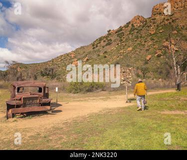 February 22, 2023, Calabasas, CA, USA: Signpost from the old TV show MASH is on display at the series filming location at Malibu Creek State Park in C Stock Photo