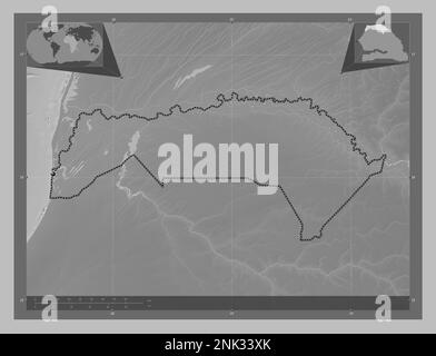 Saint-Louis, region of Senegal. Grayscale elevation map with lakes and rivers. Corner auxiliary location maps Stock Photo