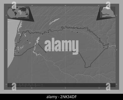 Saint-Louis, region of Senegal. Bilevel elevation map with lakes and rivers. Locations of major cities of the region. Corner auxiliary location maps Stock Photo