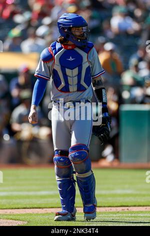 OAKLAND, CA - MAY 29: Texas Rangers catcher Jonah Heim (28) looks on during  a regular season game between the Oakland Athletics and Texas Rangers on  May 29, 2022, at RingCentral Coliseum