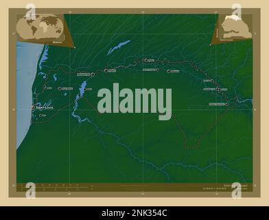 Saint-Louis, region of Senegal. Colored elevation map with lakes and rivers. Locations and names of major cities of the region. Corner auxiliary locat Stock Photo