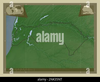 Saint-Louis, region of Senegal. Elevation map colored in wiki style with lakes and rivers. Corner auxiliary location maps Stock Photo