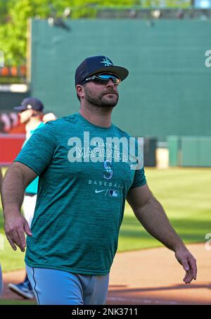 Seattle Mariners' Mike Ford walks through the dugout with a trident after  hitting a solo home run during the ninth inning of a baseball game against  the Los Angeles Angels Friday, June