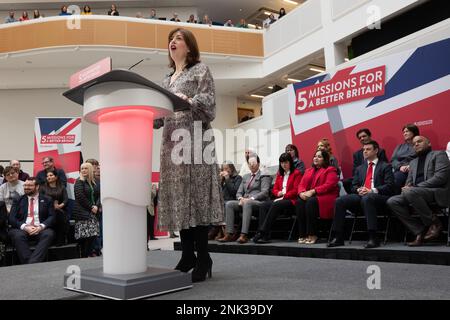 Lucy Powell Shadow Secretary of State for Digital, Culture, Media and Sport speaks before Keir Starmer launches five bold missions for a better Britain at 1 Angel Square, Manchester UK. The Labour leader spoke in front of shadow cabinet colleagues and manchester based politicians. He outlined the purpose of missions as. “It means providing a clear set of priorities.  A relentless focus on the things that matter most.” Picture: garyroberts/worldwidefeatures.com Stock Photo