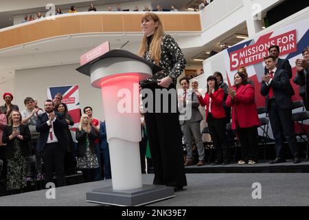 Angela Rayner speaks before Keir Starmer launches five bold missions for a better Britain at 1 Angel Square, Manchester UK. The Labour leader spoke in front of shadow cabinet colleagues and manchester based politicians. He outlined the purpose of missions as. “It means providing a clear set of priorities.  A relentless focus on the things that matter most.” Picture: garyroberts/worldwidefeatures.com Stock Photo