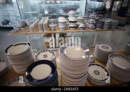 Blue and white tableware pieces exhibited during the first day of these  sales, in the surroundings of the Sargadelos Circular Plant and at the  entrance to the gallery, on February 23, 2023