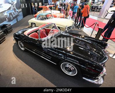 Stuttgart, Germany. 23rd Feb, 2023. A Mercedes-Benz 300 SL Roadster classic car from 1962 stands in the halls of Messe Stuttgart at the Retro Classics trade fair. The Retro Classics trade fair, according to the organizers the world's largest trade fair for driving culture, primarily shows historic automobiles and two-wheelers. Credit: Bernd Weißbrod/dpa/Alamy Live News Stock Photo