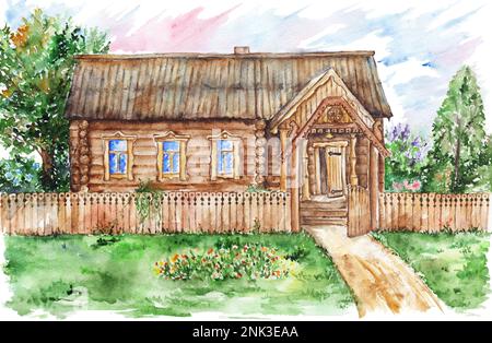 Watercolor summer village landscape. Road in the village. Watercolor ...